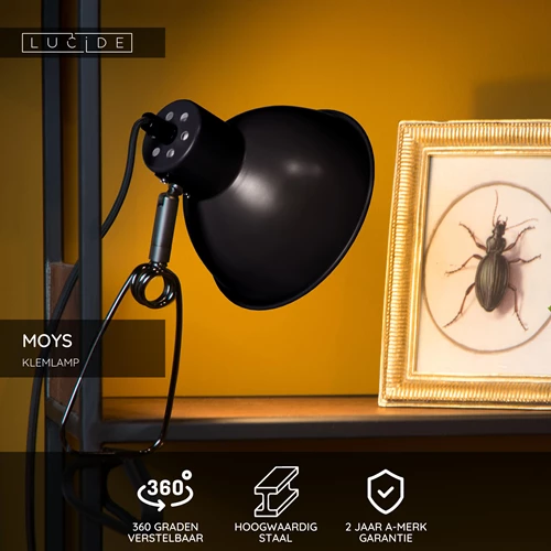 Lucide MOYS - Klemlamp - 1xE27 - Zwart - USP